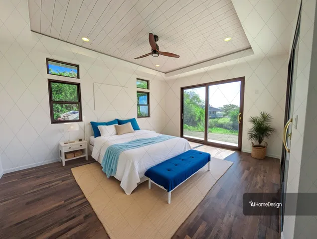 a spacious bedroom with a bed and a large window