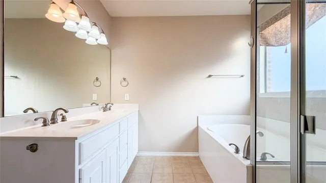 a bathroom with a sink a mirror and a shower