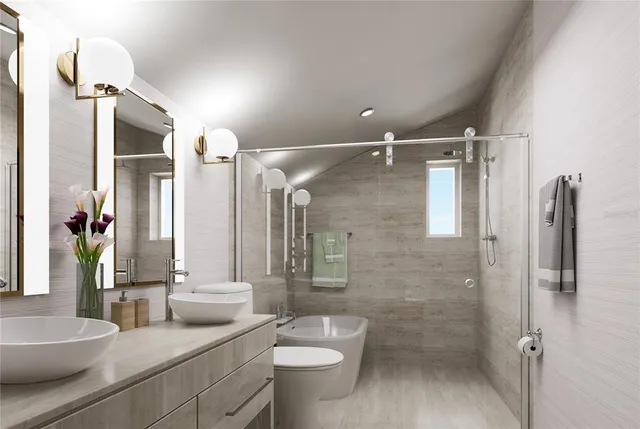 a bathroom with a double vanity sink toilet mirror and shower