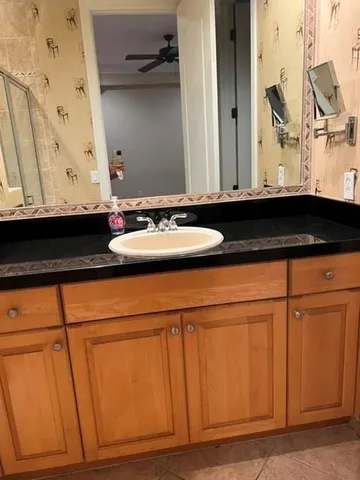 a bathroom with a sink and a mirror