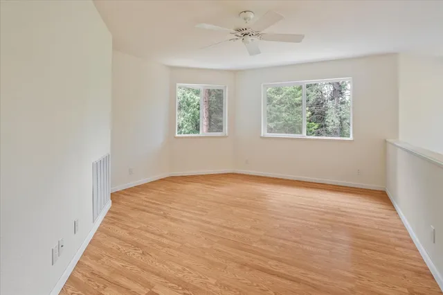 a view of a hallway with wooden floor and a potted plant