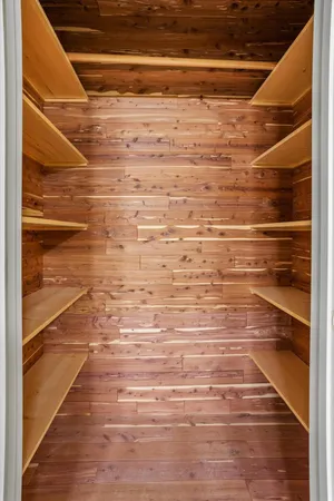 a view of balcony with wooden floor