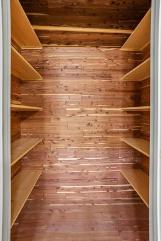 a view of balcony with wooden floor