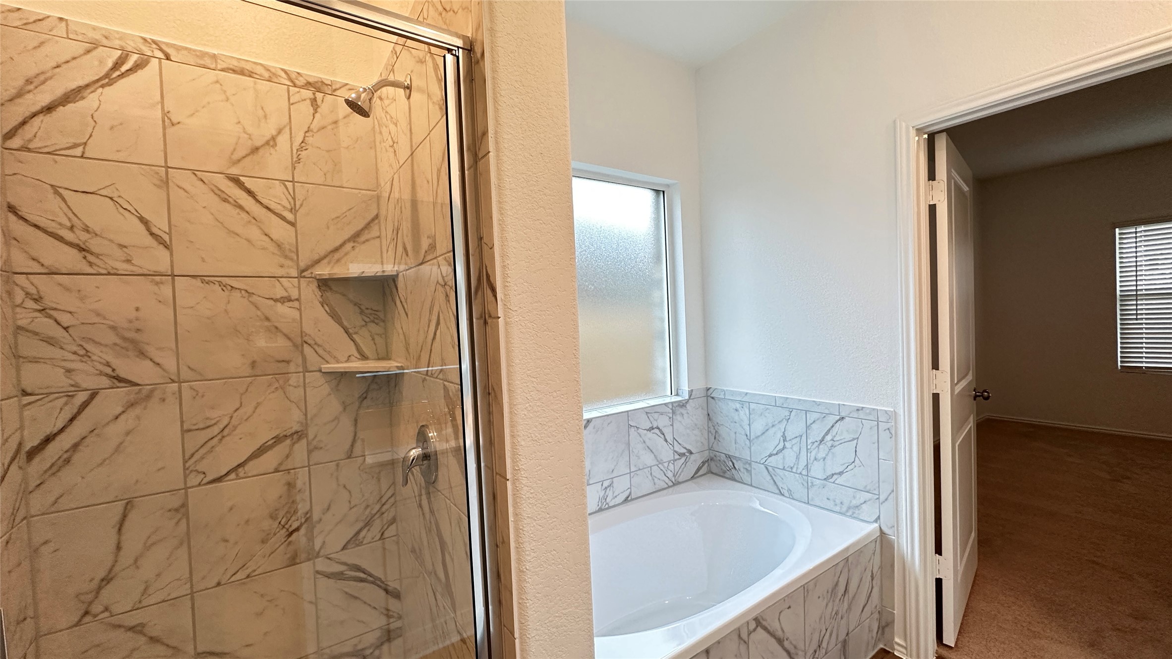 138 Milliner Loop Hutto, TX 78634 - Photo 16 of 36 Bathroom with a stall shower, a garden tub, and light carpet