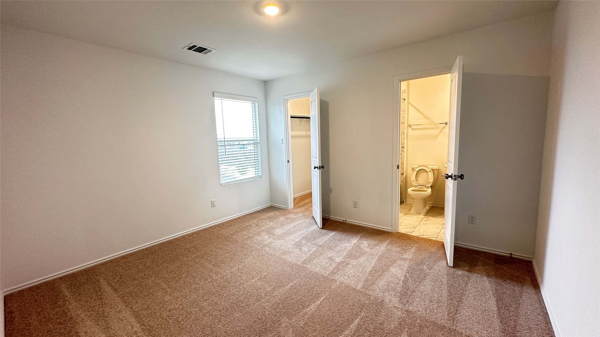 138 Milliner Loop Hutto, TX 78634 - Photo 29 of 36 Unfurnished bedroom featuring a walk in closet, light colored carpet, and ensuite bathroom