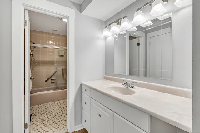 a bathroom with a sink a shower and a mirror