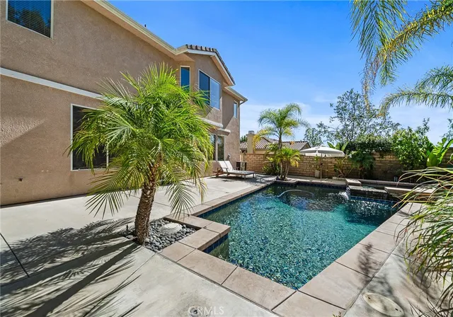 a view of a backyard with couches plants and palm trees