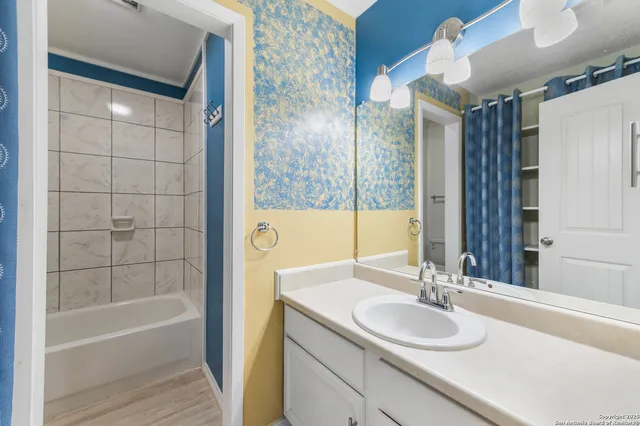 a bathroom with a sink and a mirror