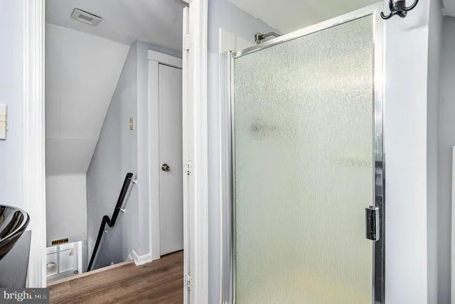 a view of bathroom with a shower and a sink