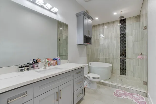 a bathroom with a sink a toilet a shower and a mirror