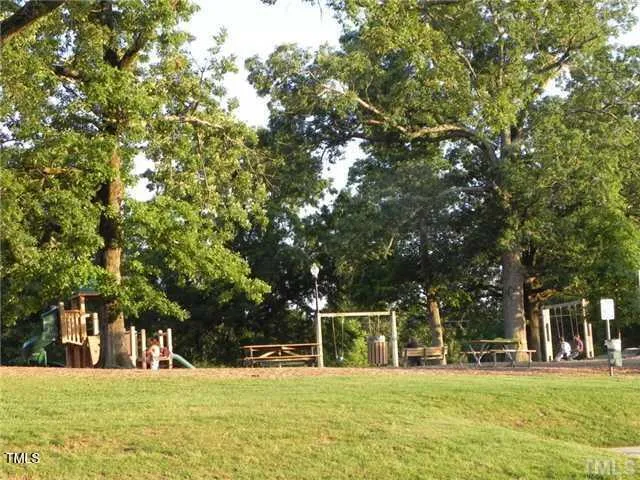 a view of a park with large trees
