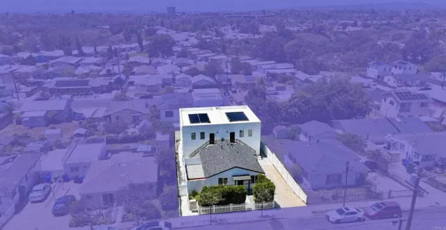 an aerial view of a house with a space