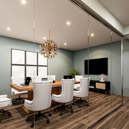 a work room with furniture and a flat screen tv