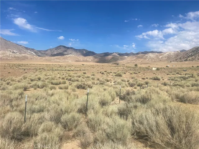 a view of a dry yard with mountains in the background