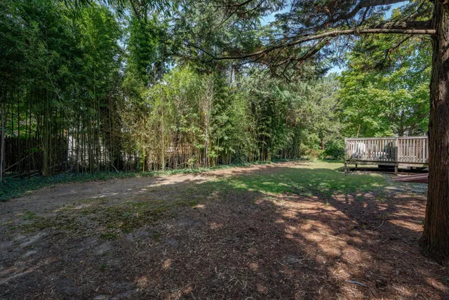 a view of a backyard with a wooden fence