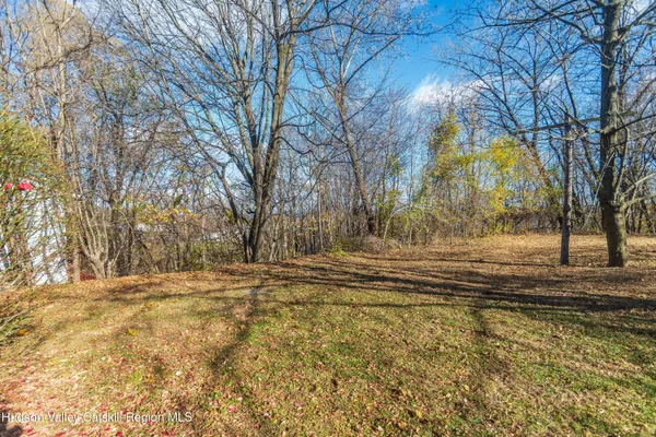 a view of dirt yard with large trees