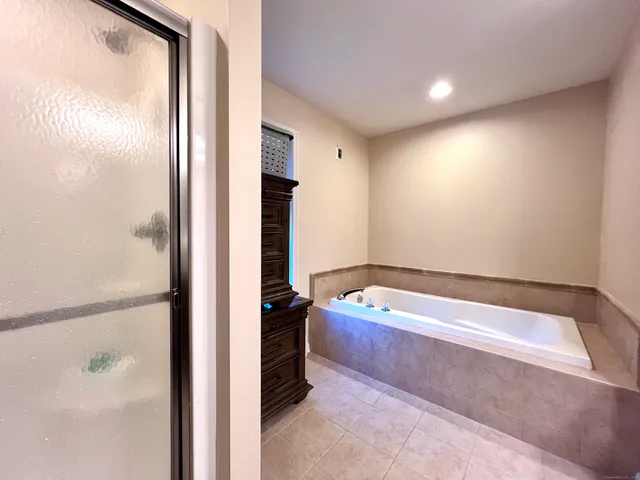 a bathroom with a bathtub and a shower