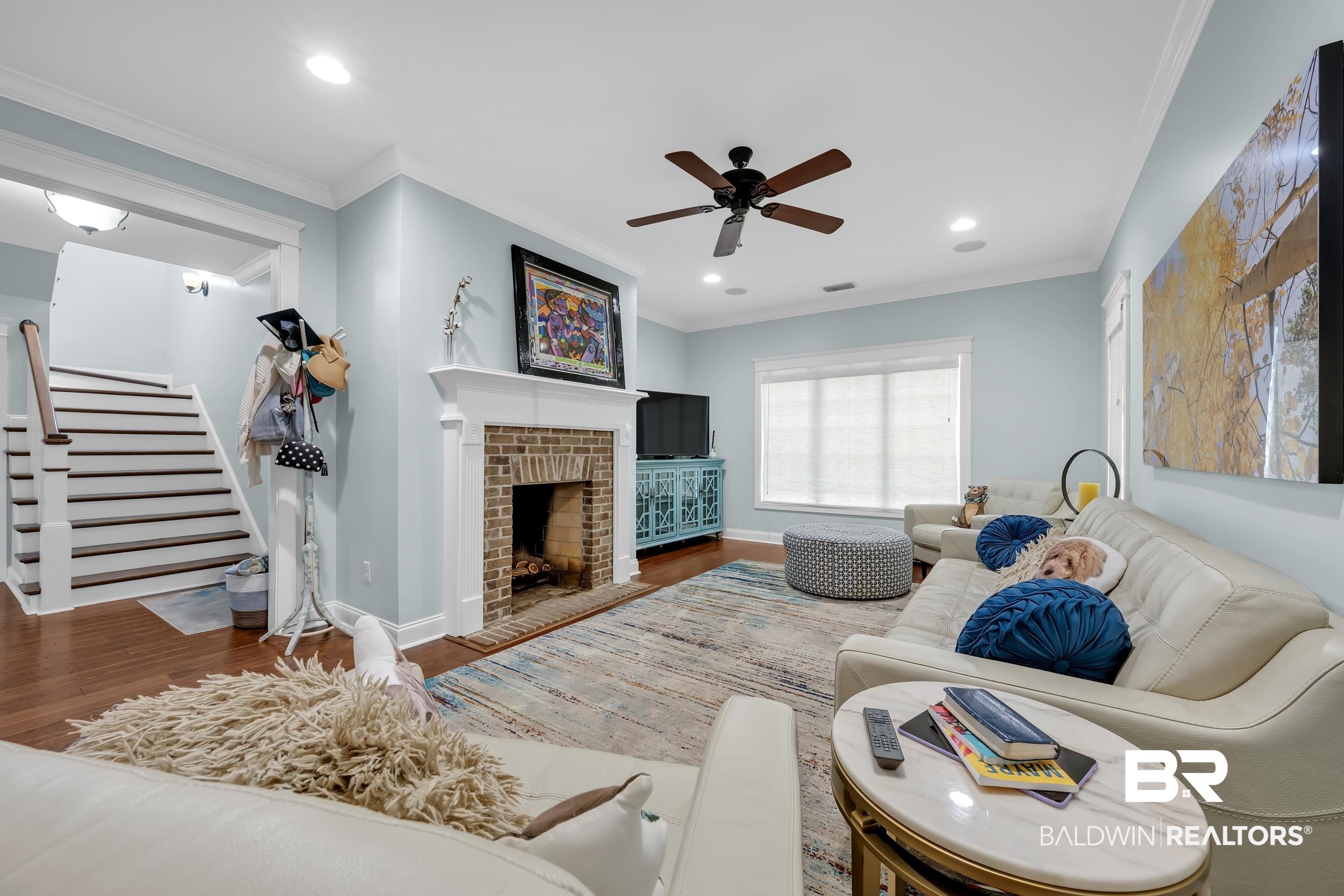 7 Bienville Avenue Mobile, AL 36606 - Photo 9 of 32 Living room featuring crown molding, a fireplace, wood finished floors, ceiling fan, and recessed lighting