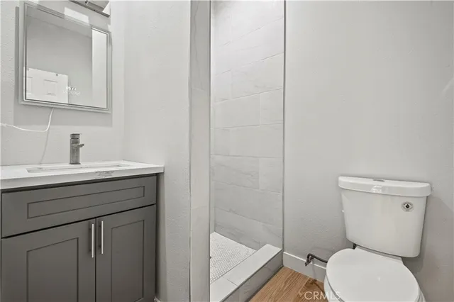 a bathroom with a toilet sink vanity and mirror