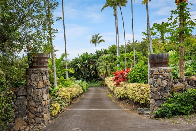 a view of a back yard with flower pots