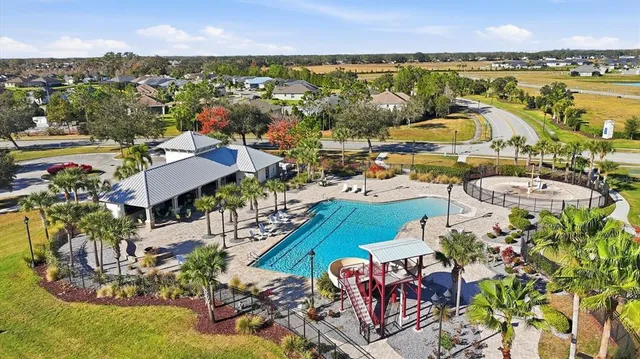 an aerial view of a house with a swimming pool