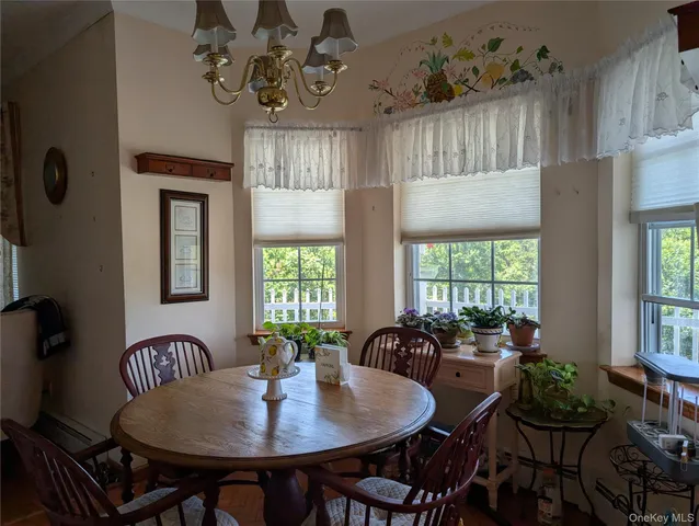 a view of a a dining room with furniture window and outside view
