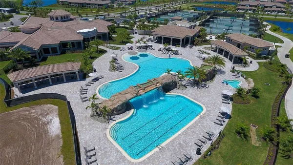 an aerial view of a pool with a yard