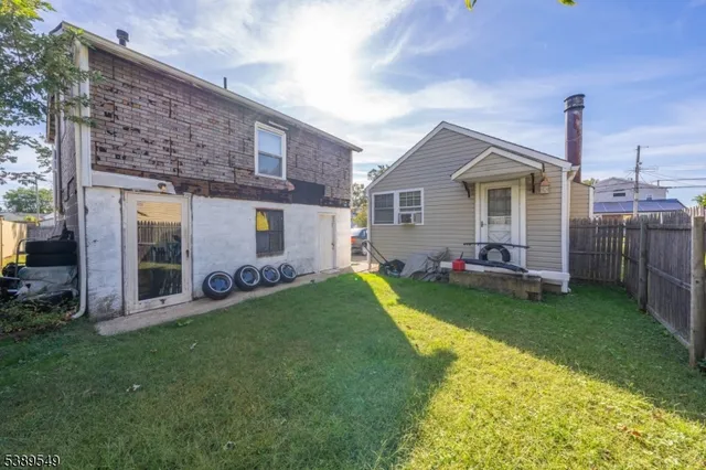 a view of backyard with potted plants and a large tree