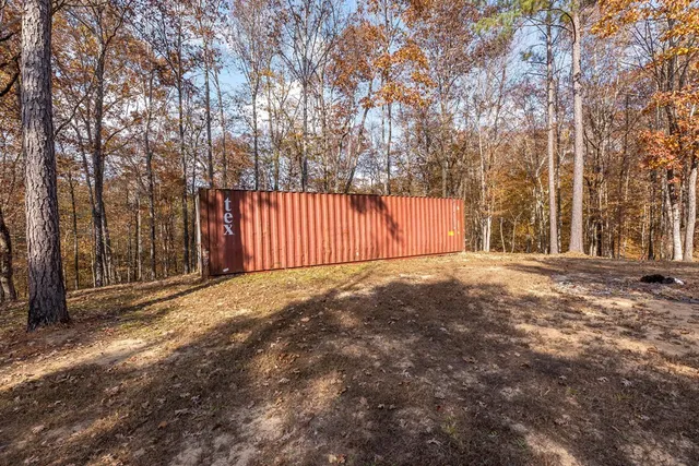 a view of backyard with large trees and wooden fence