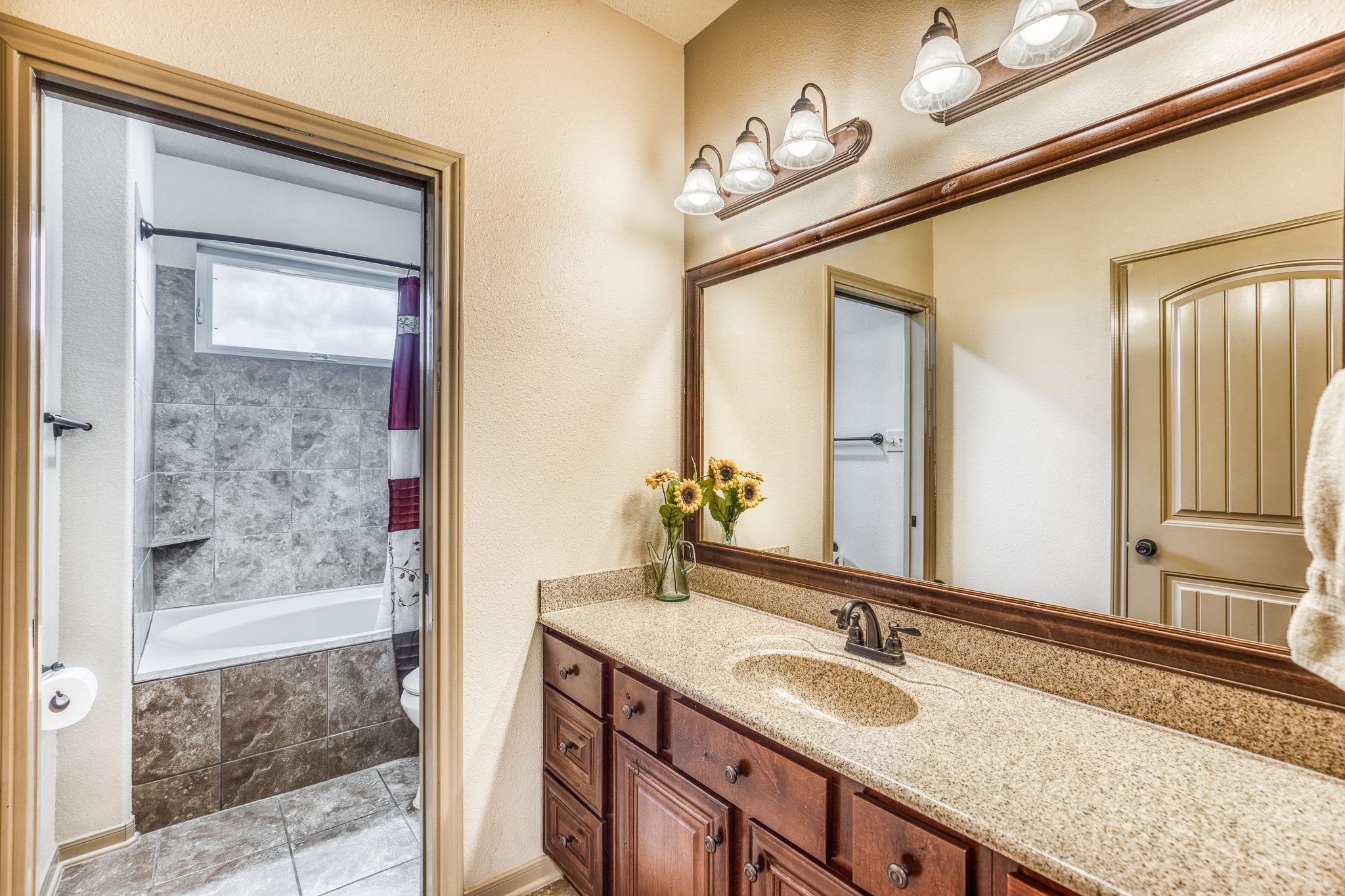 677 Grubbs Road Sealy, TX 77474 - Photo 18 of 40 a bathroom with a granite countertop sink a mirror and a shower