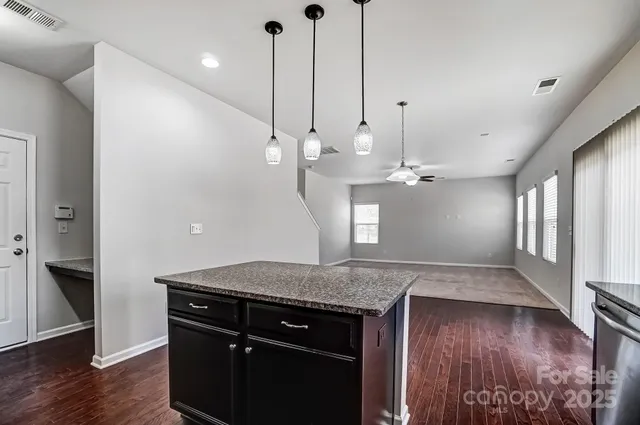a kitchen with kitchen island a counter space a sink and a wooden floor