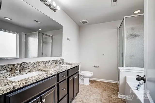 a bathroom with a granite countertop sink a toilet and shower