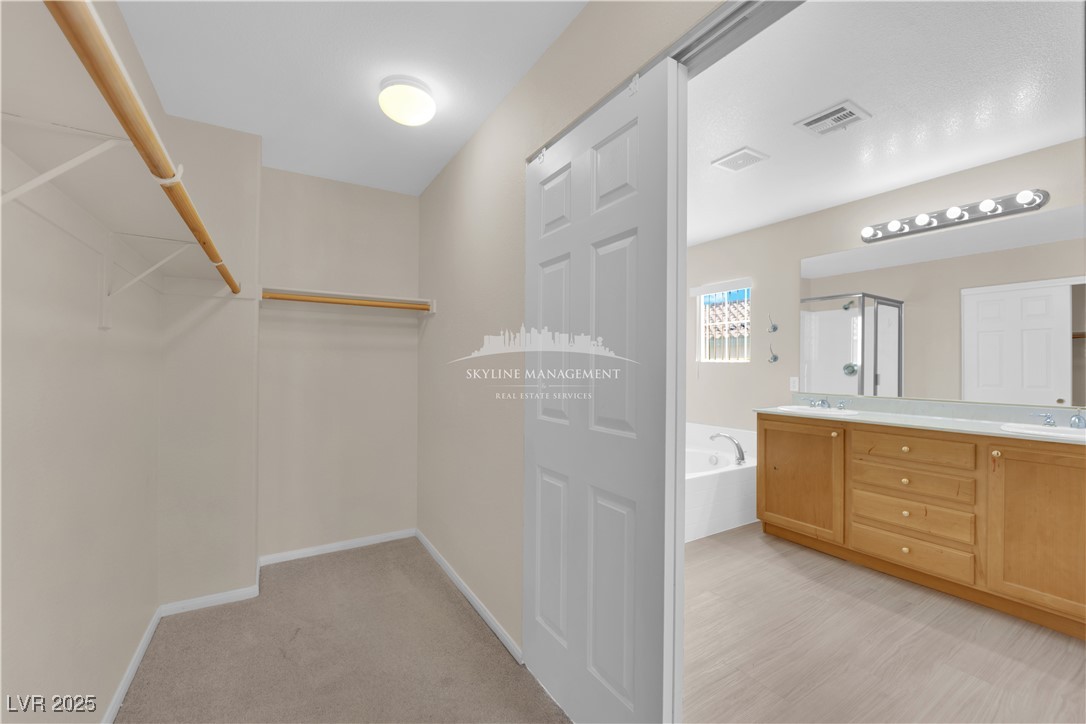8661 Rowland Bluff Avenue Las Vegas, NV 89178 - Photo 31 of 37 Walk in closet with light carpet and a sink
