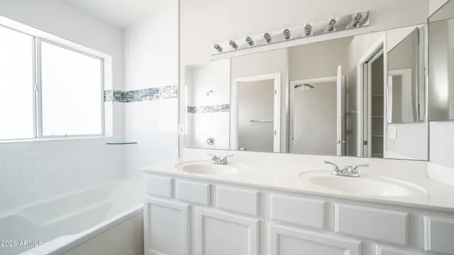 a bathroom with a sink tub double vanity and a mirror