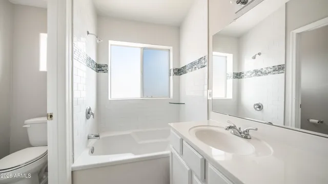 a bathroom with a tub sink toilet and a mirror