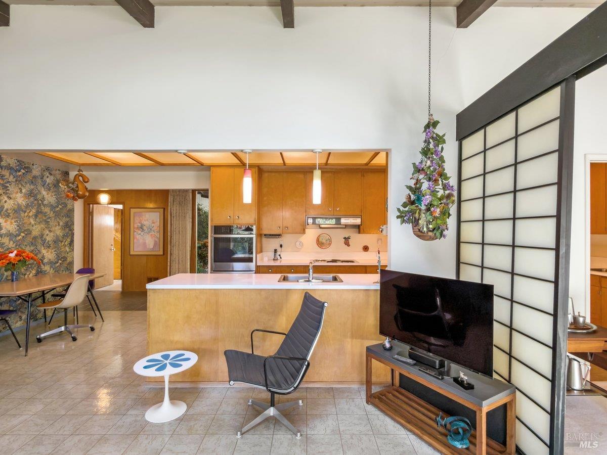 5 Mather Road San Anselmo, CA 94960 - Photo 25 of 58 a living room with furniture a flat screen tv and a floor to ceiling window