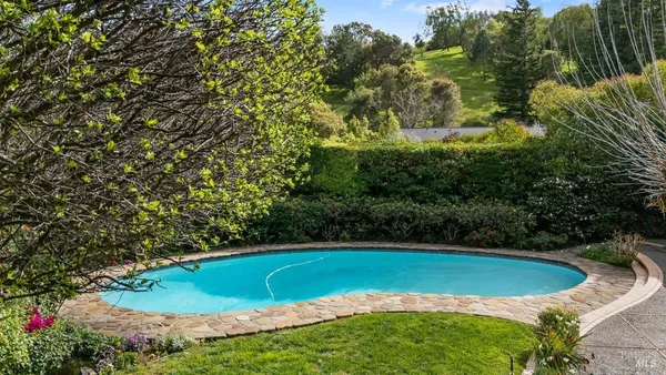 a view of a swimming pool with a yard