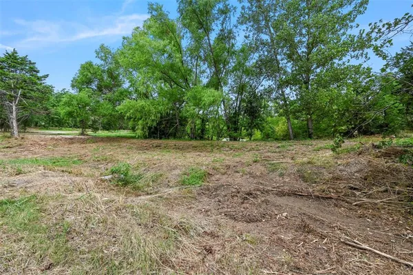 a view of a field with trees in the background