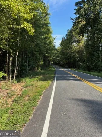 a view of a yard with large trees