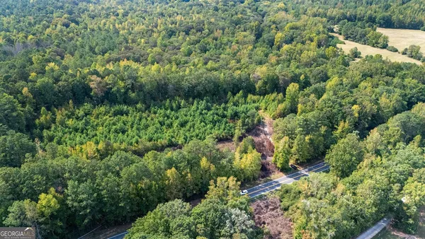 an aerial view of residential house with outdoor space and trees all around