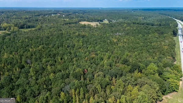 an aerial view of residential houses with outdoor space and trees