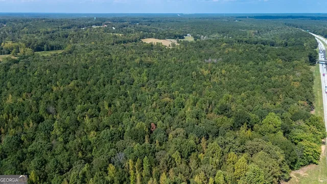 an aerial view of residential houses with outdoor space and trees