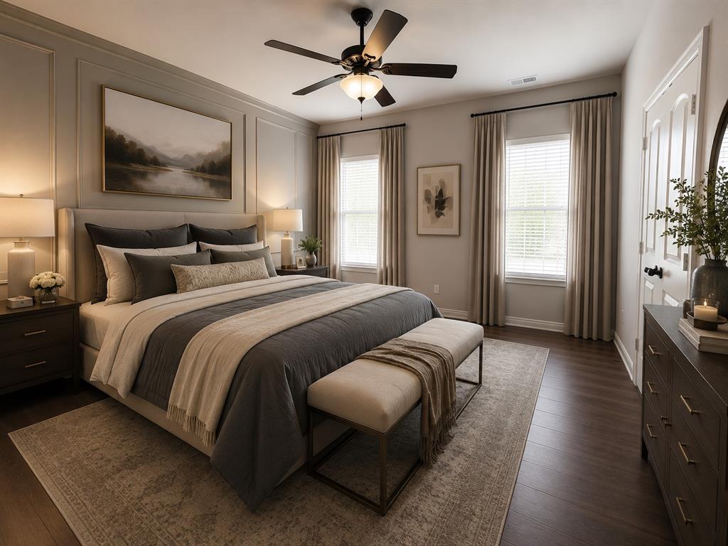 14128 El Toro Road Frisco, TX 75035 - Photo 9 of 19 Spacious sleeping area featuring wood-finish flooring and a ceiling fan with integrated lighting