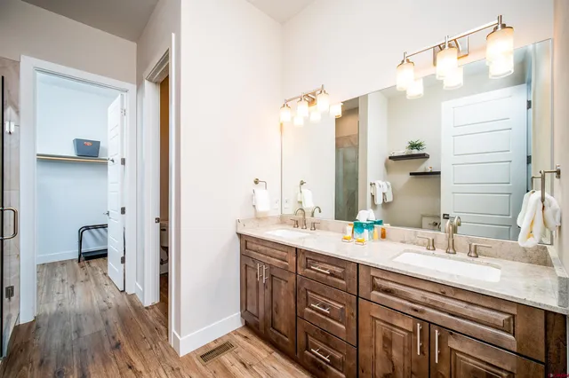 a bathroom with a double vanity sink a mirror and a shower