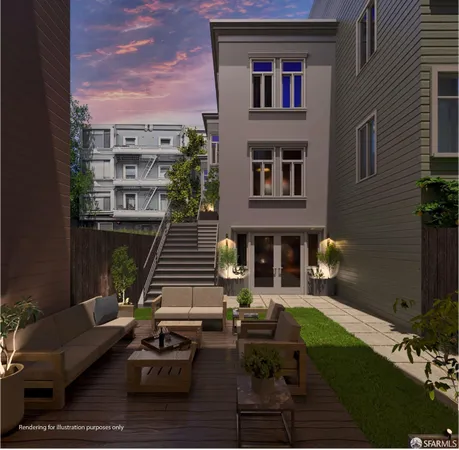 a front view of a house with outdoor seating