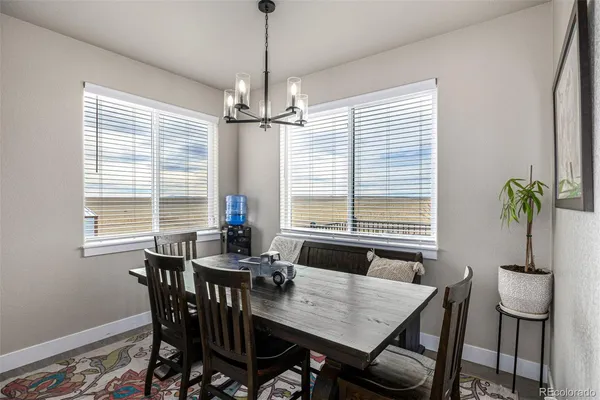 a view of a dining room with furniture window and outside view