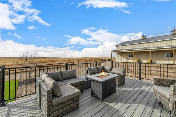 a view of roof deck with couches and city view