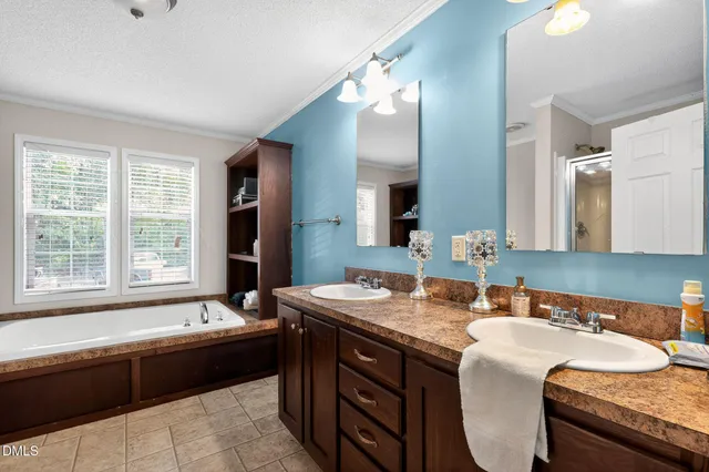 a bathroom with a granite countertop tub sink and mirror
