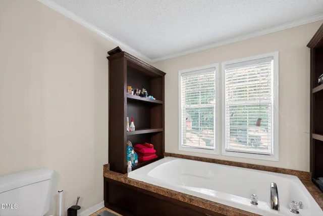 a bathroom with a bathtub and a window