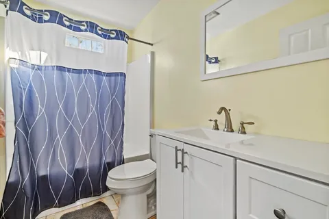 a bathroom with a sink a toilet and shower